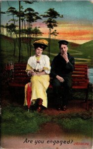 Vtg Romance Sailor Couple Flirting Park Bench Are You Engaged? 1909 Postcard