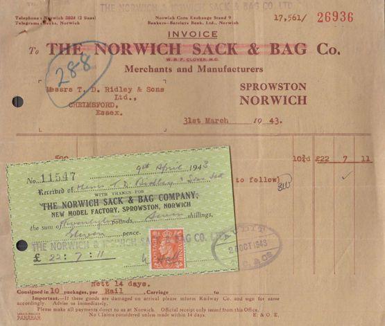 Sprowston Norwich Sack Bag Merchants Norfolk Bran Bags WW2 War Receipt Ephemera