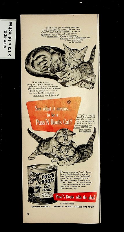 1951 Puss N Boots Cat Food Vintage Print Ad 015726