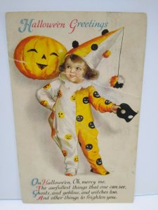 Halloween Postcard Ellen Clapsaddle Wolf Series 31 Lil Girl Clown Vintage RARE