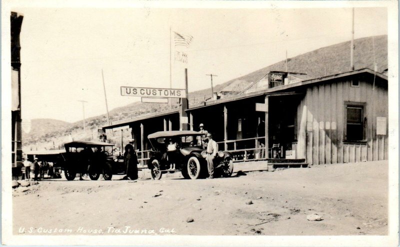 RPPC TIJUANA, MEXICO   CARS Lined Up at CUSTOMS HOUSE  c1910s   Postcard