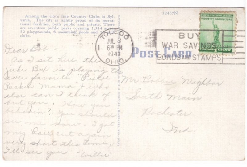 Sylvania Country Club, Toledo, Ohio 1942 Linen Postcard War Slogan Cancel #650