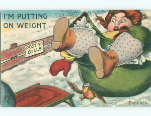 Unused Pre-Linen comic FAT GIRL FALLS AND CRUSHES BIRD k3325