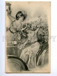 3162083 BELLE Ladies in CAR Flowers by BRAUN vintage PC