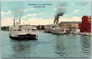 Steamboats in Harbor La Crosse Wisconsin WI Ocean View & Buildings Postcard