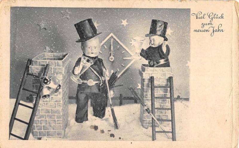 German New Year Greeting Chimney Sweep Children Antique Postcard K80149