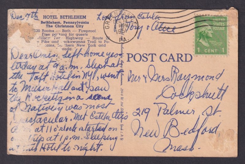 Postcard, United States, Bethlehem PA, Hotel Bethlehem