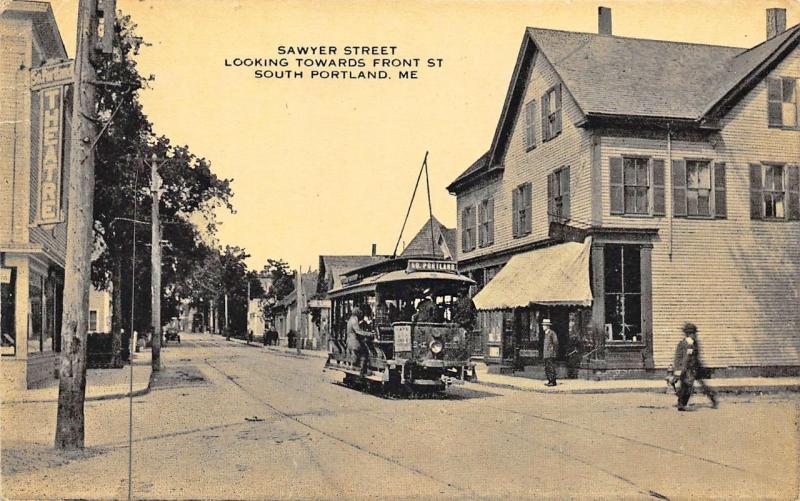 South Portland ME Sawyer Street Storefronts Theatre Trolley, Postcard 