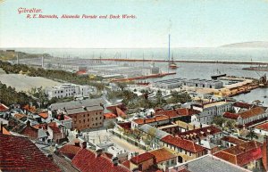 GIBRALTAR~R E BARRACKS-ALAMEDA PARADE-DOCK WORKS~ELEVATED VIEW BEANLAND POSTCARD