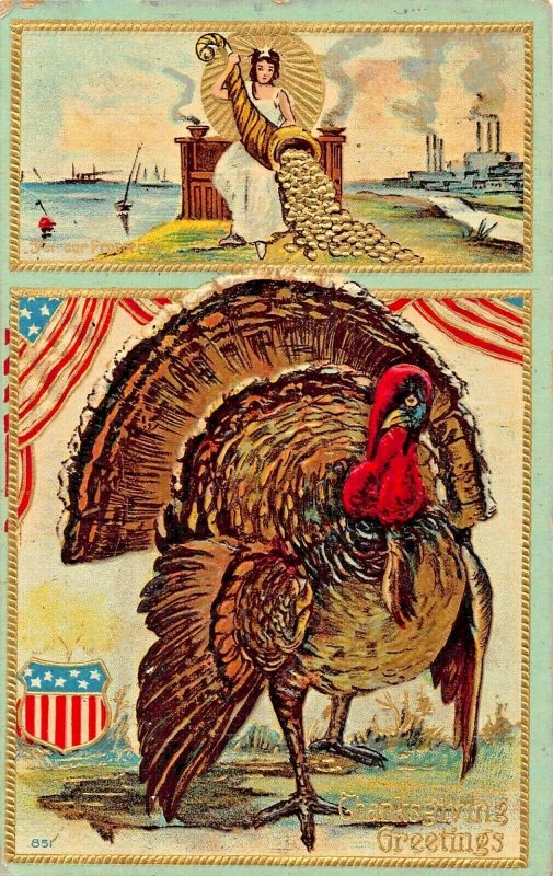 PATRIOTIC THANKSGIVING~HORN OF PLENTY WITH GOLD-TURKEY EMBOSSED 1909 POSTCARD