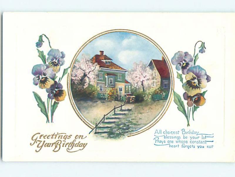 Unused Divided-Back birthday STEPS UP TO HOUSE & BEAUTIFUL PANSY FLOWERS o9569