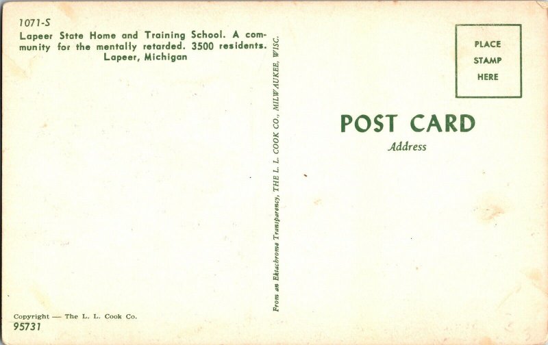 Lapeer State Home Training School Michigan LL Cook Vintage Postcard Milwaukee WI 