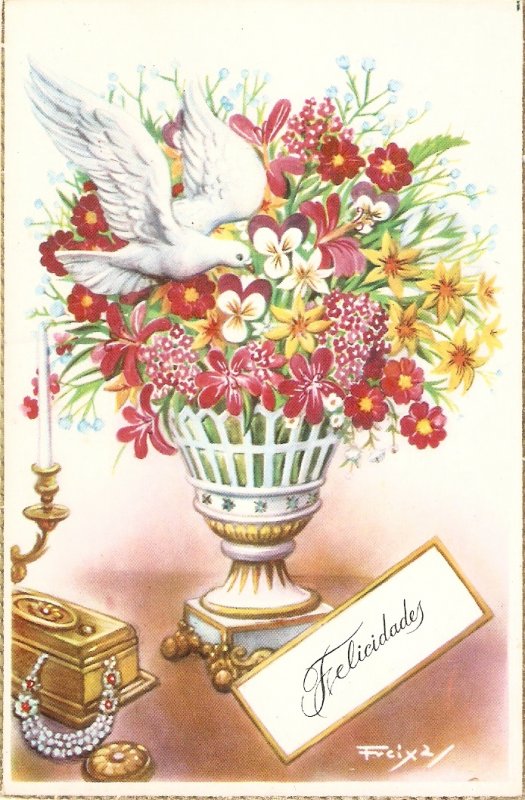 Beautiful flowers in vase. Dove  Nice Spanish postcard 195'0s