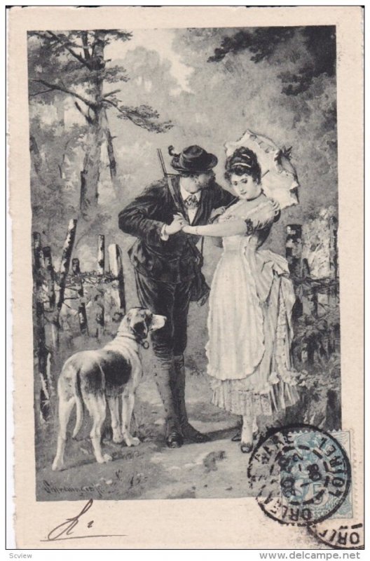 Hunter w/ dog & Girl , PU-1908 TUCK