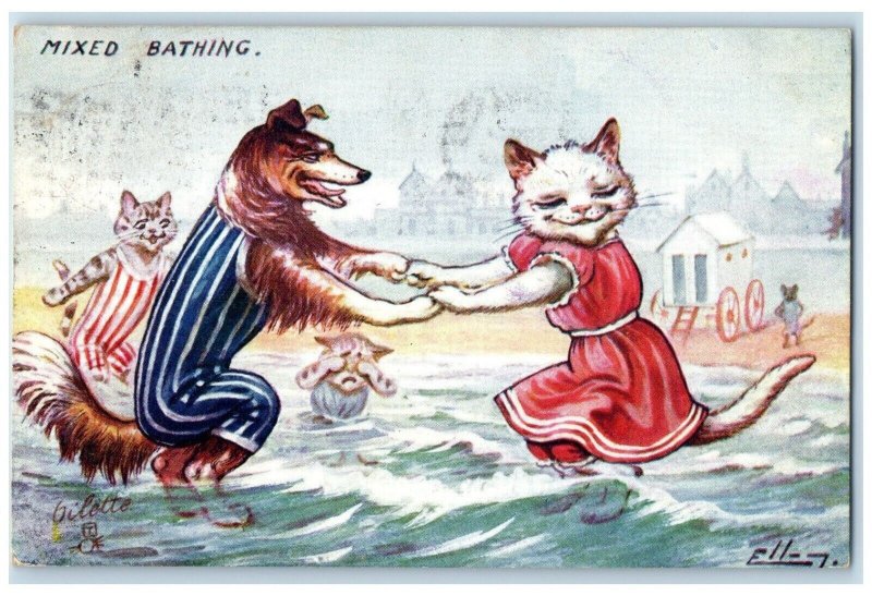 1909 Anthropomorphic Cats Dog Dancing Mixed Bathing Oilette Tuck's Postcard