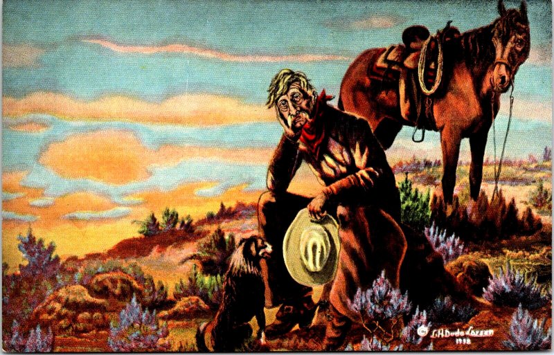 That New Range Ahead poem a/s L H Dude Larsen Cowboy Dog Sunset Horse Postcard