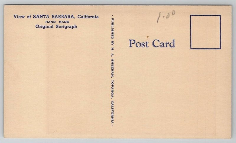 Santa Barbara Mission CA Serigraph Hand Made Postcard G41