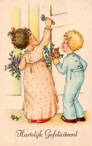 Two Cute Kids With Flowers Vintage Postcard 09.88