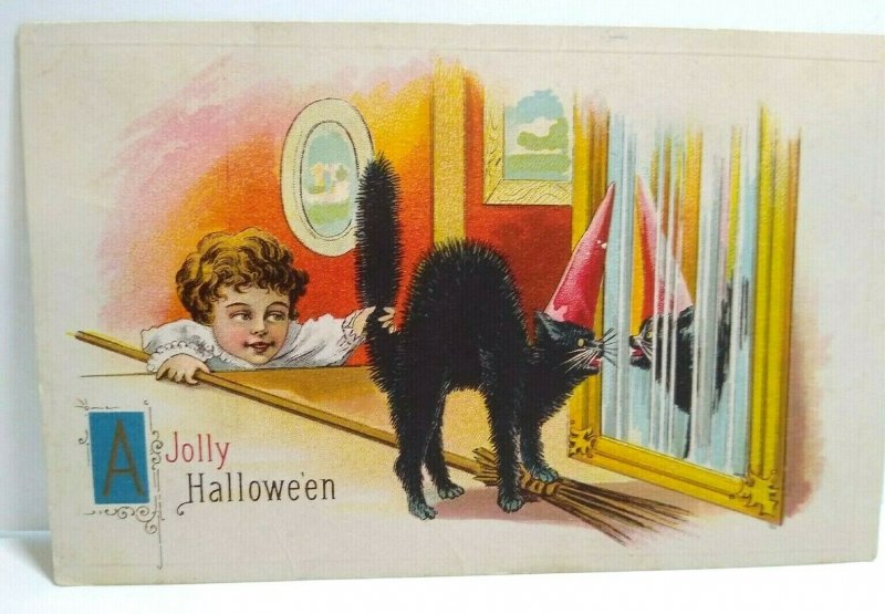 Halloween Postcard Child Grabs Black Cat By Tail 1914 Barton Spooner Series 619