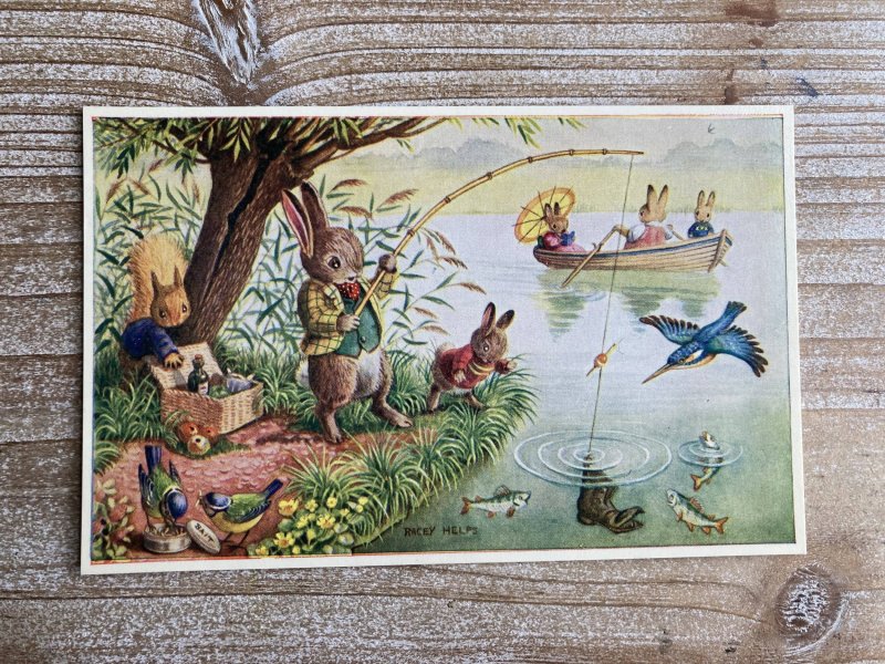 Surprise Catch, Rabbits, Fishing, Racey Helps, Medici Society, Vintage Postcard 