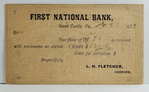 1873 Greencastle Pa First National Bank Receipt to Hagerstown Md Postcard Q2