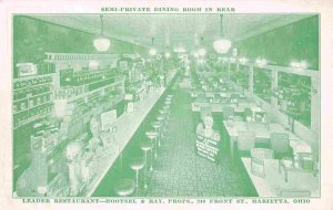 Leader Restaurant Interior Front Street Marietta Ohio 1939c green tone postcard