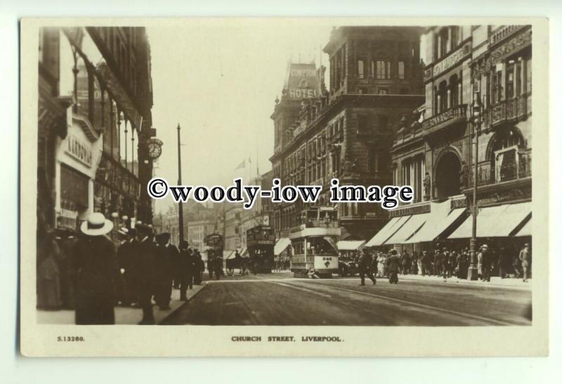 tq0009 - Lancs - Busy Church Street with Shoppers & Trams, Liverpool - postcard