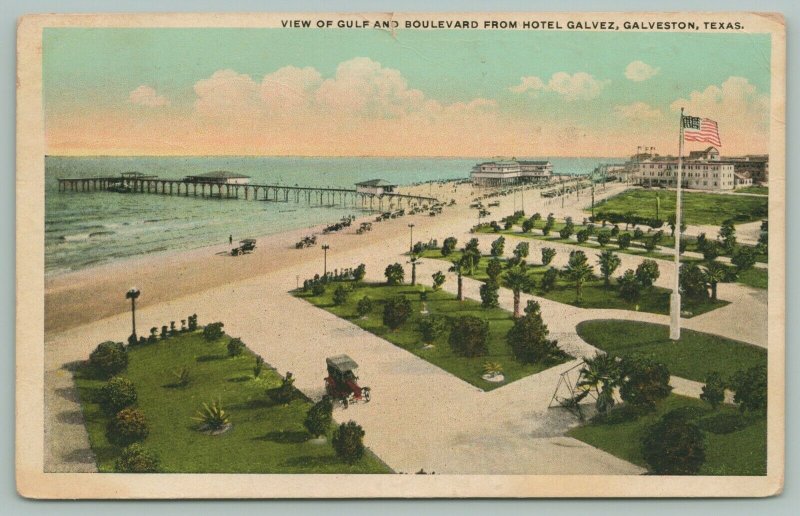 Galveston Texas~Gulf & Boulevard from Hotel Galvez~Flagpole~c1922~Postcard