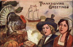 Thanksgiving Pilgrim Man and Woman Turkey Schooner Ship c1910 Postcard