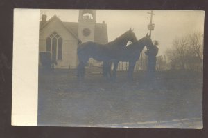 RPPC STELLA NEBRASKA CHURCH HORSES HASKINS VINTAGE REAL PHOTO POSTCARD