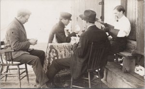 People Playing Cards Men Gun Pistol Cigar Pipe Unused Real Photo Postcard G93