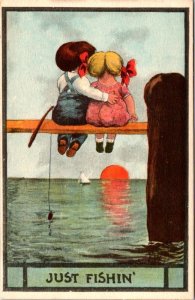 Young Romance  JUST FISHIN'  Little Boy & Little Girl~Fishing  VINTAGE  Postcard