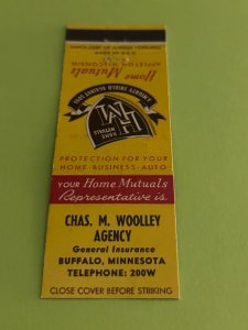 Vintage Matchbook Cover Chas M Woolley Agency  Insurance Buffalo Minnesota MB186