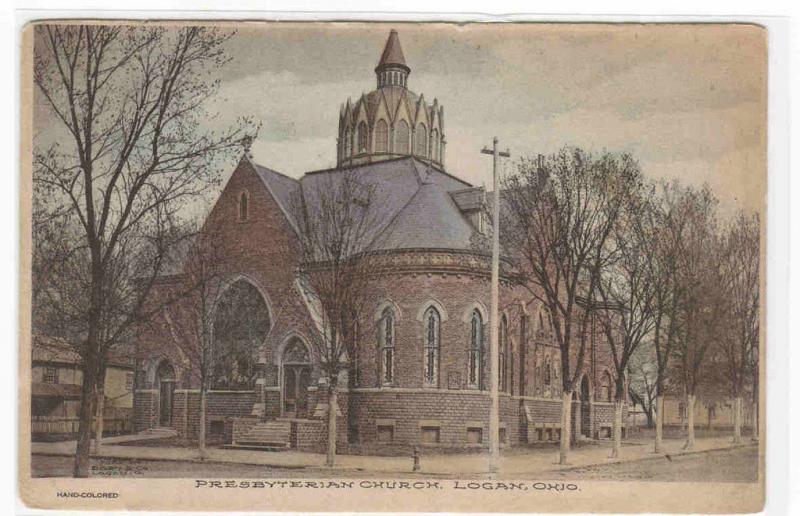 Presbyterian Church Logan Ohio 1908 hand colored postcard