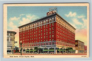 Grand Rapids MI, Historic 1923 Hotel Rowe, Shops, Linen Michigan Postcard 