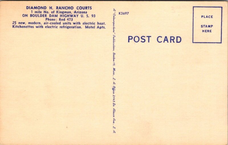 Linen Postcard Diamond H. Rancho Courts on US Highway 93 in Kingman, Arizona