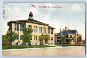 1913 Public School Building Campus US Flag Roadside Plymouth Wisconsin Postcard