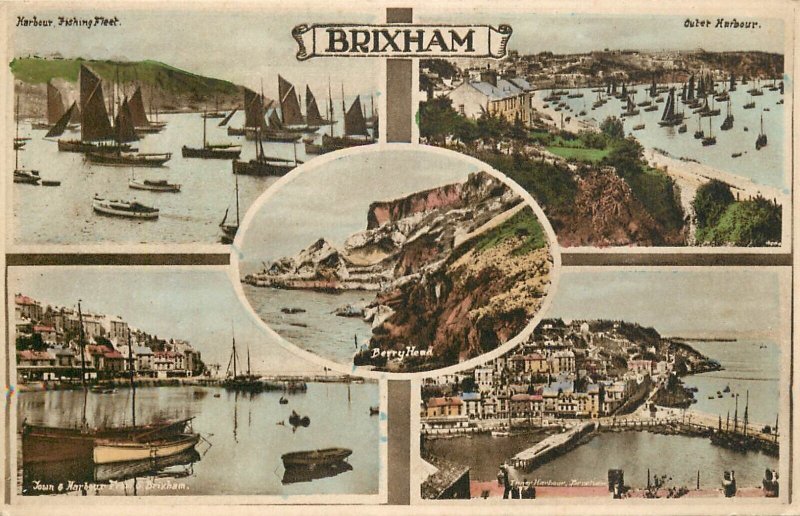 UK England sail & navigation themed postcard Brixham sailing vessel fleet pier