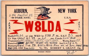 1934 QSL Radio Card Auburn New York W8LDA Robert S. Grant Posted Postcard