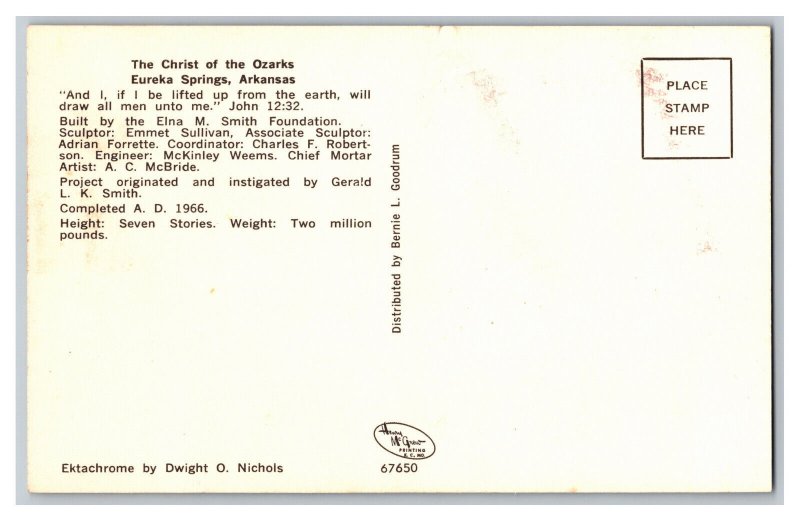 The Christ Of The Ozarks Eureka Springs Arkansas Postcard