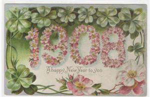 New Year Date 1908 Four Leaf Clover Pink postcard