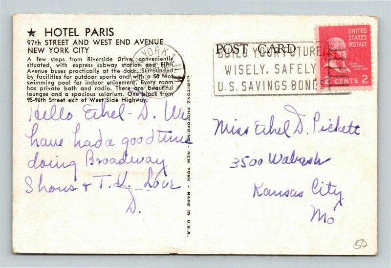 New York City NY-New York, Hotel Paris, Chrome Postcard