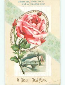 Pre-Linen new year BEAUTIFUL PINK ROSE WITH WINTER SCENE k5179