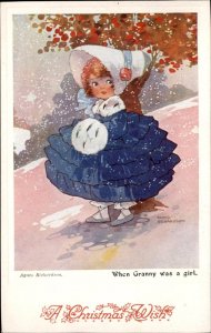 Christmas Little Girl Blue Dress Agnes Richardson NON POSTCARD Vintage Card