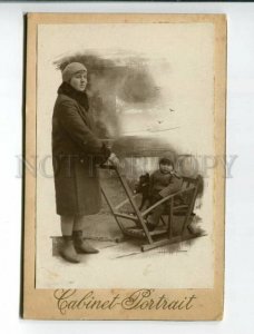 3158984 Mom & Girl in Sled w/ TEDDY BEAR Vintage CABINET PHOTO