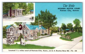 KANSAS CITY, KS ~ Roadside THE WELLS Motor Court 1940s Linen Postcard