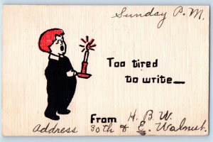 Des Moines Iowa IA Postcard Little Boy With Candle Too Tired To Write 1907