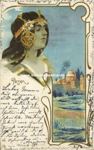 iran persia, Art Nouveau Lady with Town View (1902)