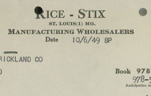 1949 Rice Stix St. Louis Mo. Manufacturing Wholesalers Towels More Invoice 308