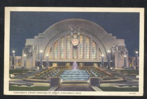 CINCINNATI OHIO UNION RAILROAD STATION TRAIN DEPOT VINTAGE POSTCARD AT NIGHT